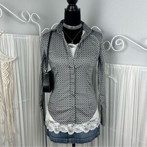 New York & Company Stretch Cotton Black White and Gray Button Down Shirt